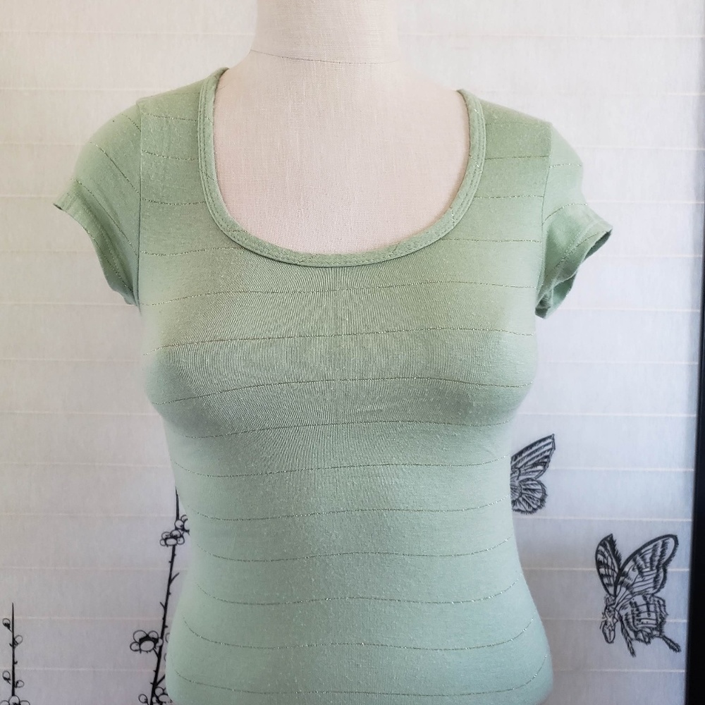 [Airport] Green Knit Tee Silver Metallic Stripes